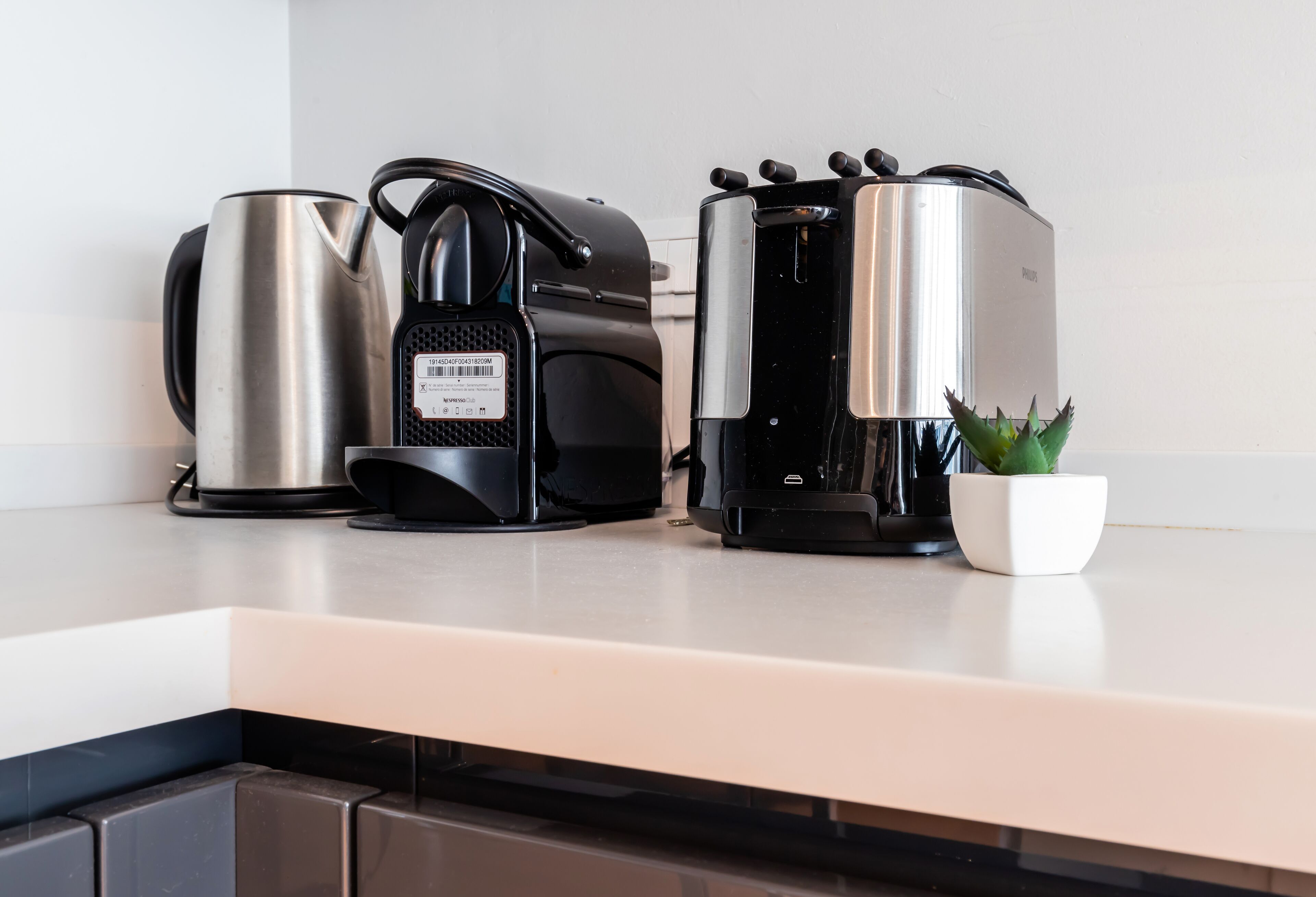 A kitchen counter with a coffee maker, a kettle, and a small potted plant.