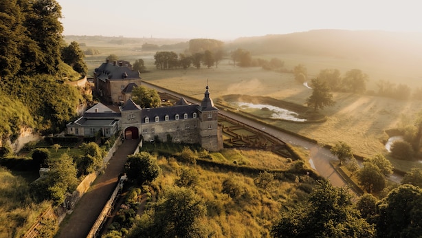Un château doté de douves, entouré d’une végétation luxuriante et bordé d’un chemin sinueux.