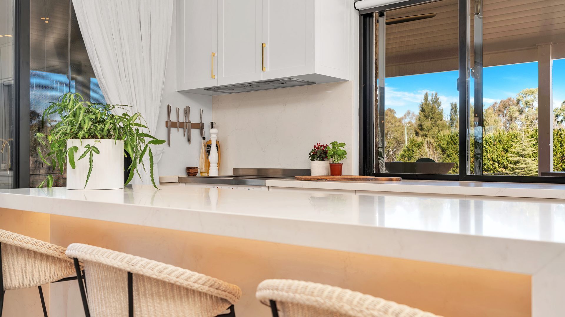 A modern kitchen with white cabinets, a stainless steel range hood, and a large window offering a view of trees.