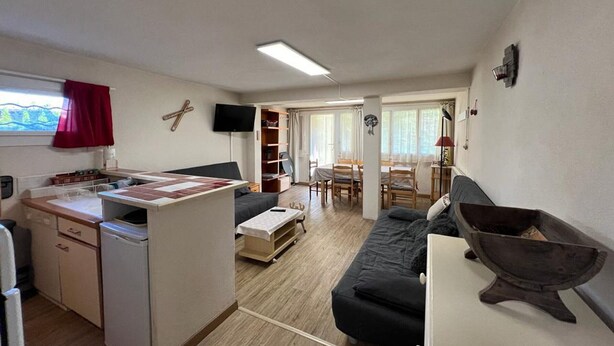 A compact living space with a kitchenette, a dining area, and a seating area with a sofa and a table. - Spacious apartment for 8, garden and WIFI, near shops in Pra Loup (Pra-Loup)