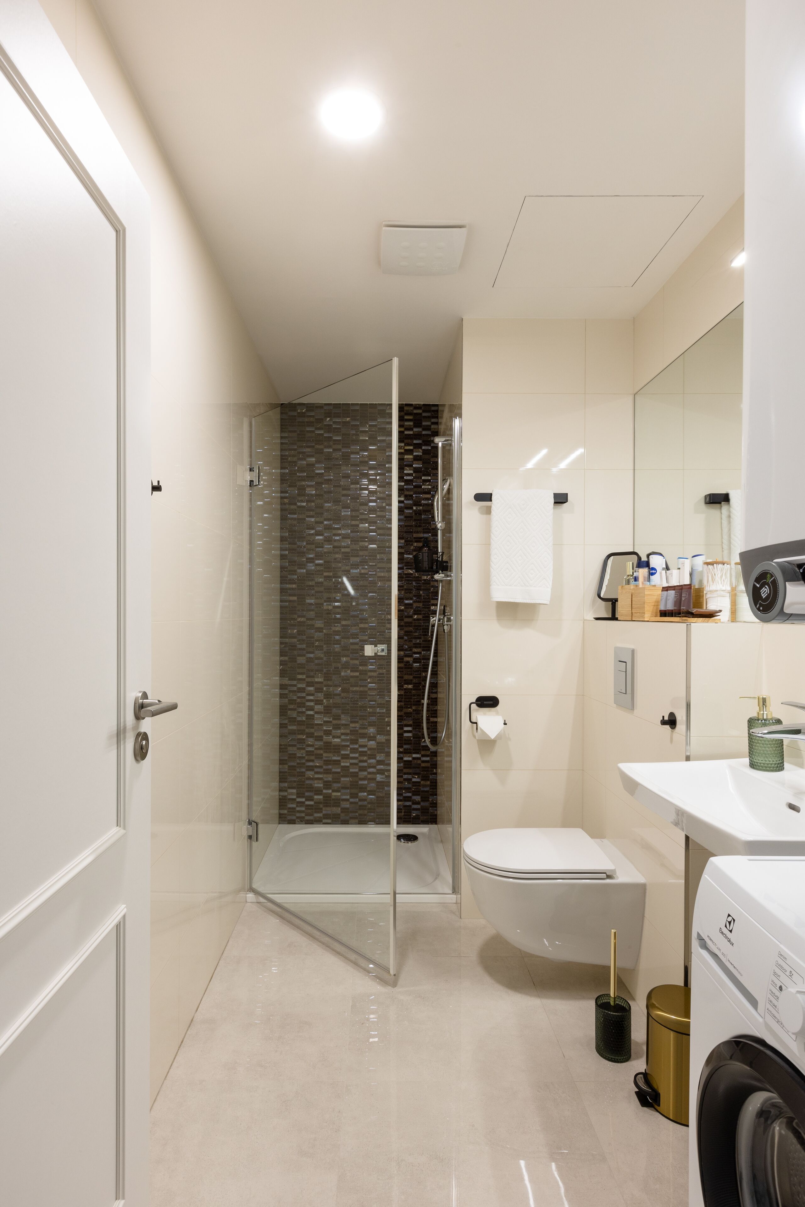 Design-Apartment | Badezimmer | Dusche, Designer-Toilettenartikel, Haartrockner