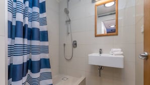 Une salle de bain avec une douche, un lavabo et un miroir.