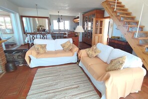 Smart TV, chimenea, reproductor de DVD y biblioteca musical