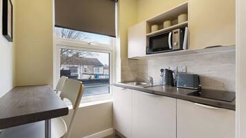 Fridge, microwave, stovetop, electric kettle