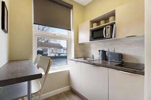 Fridge, microwave, stovetop, electric kettle
