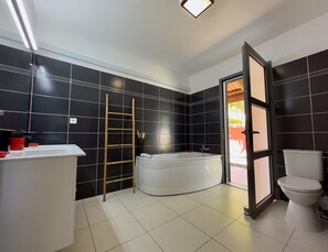 Chuveiro, secador de cabelo, toalhas de banho, papel higiênico