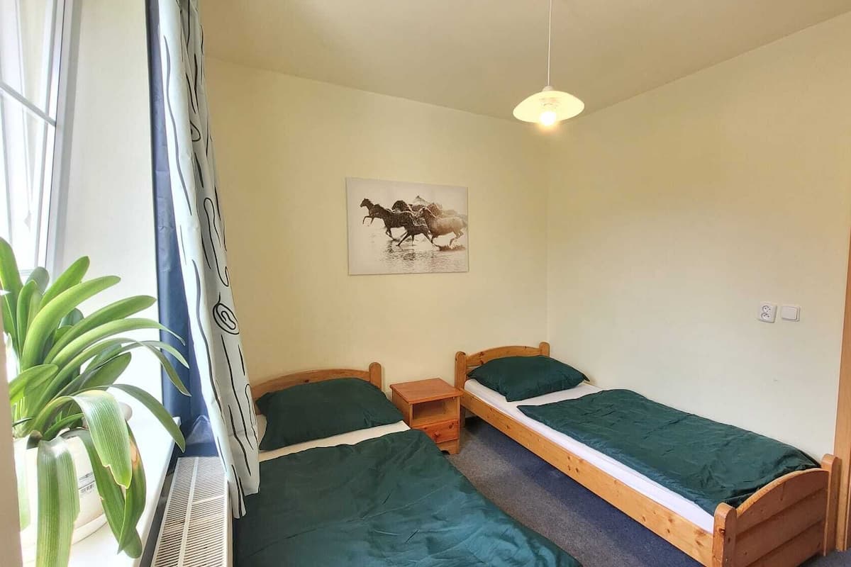 A small room with two single beds, a wooden nightstand, a wall-mounted light, a window with curtains, and a potted plant.
