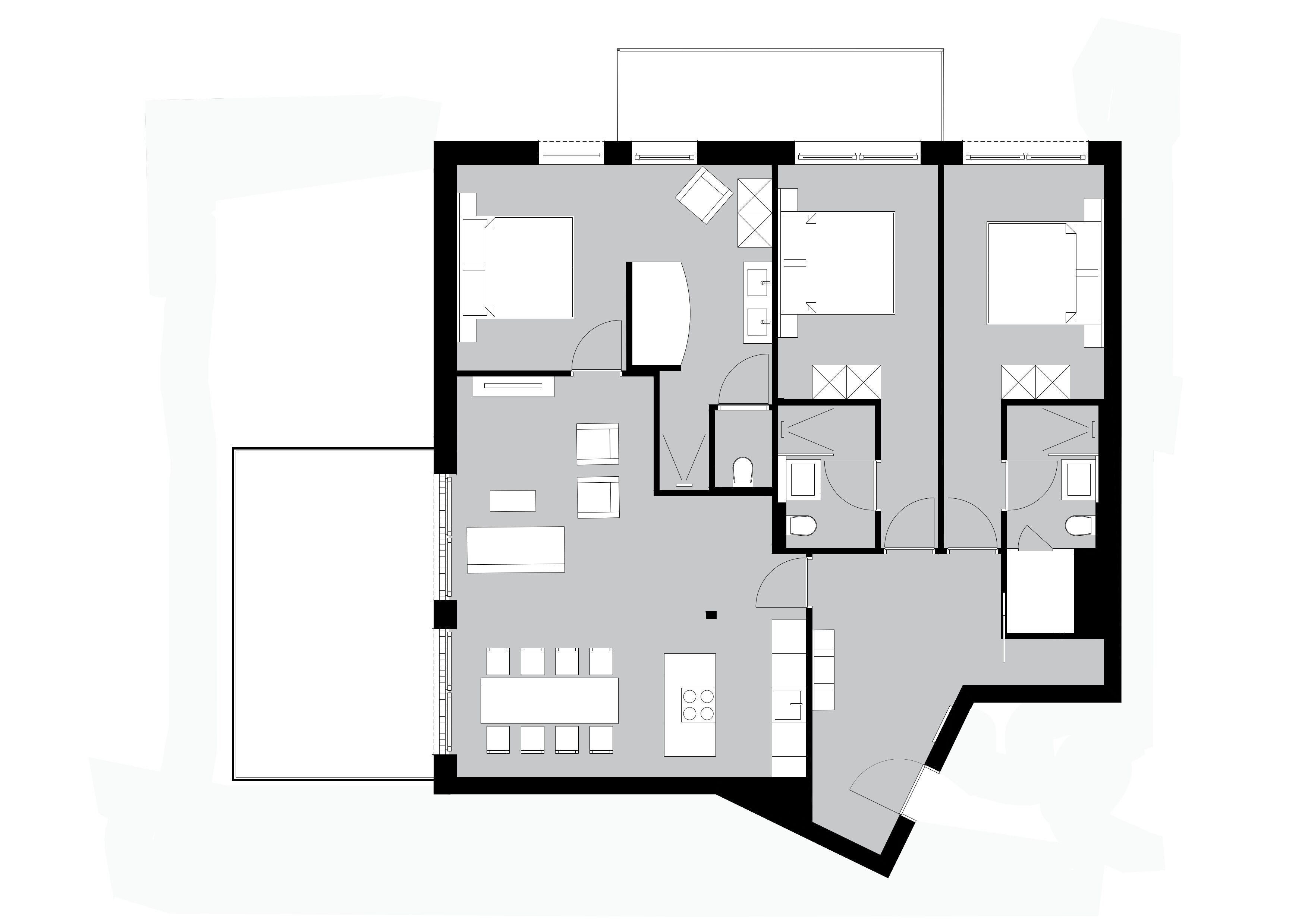 Plànol d'un hotel amb diverses habitacions, un passadís central i una zona de dinar.