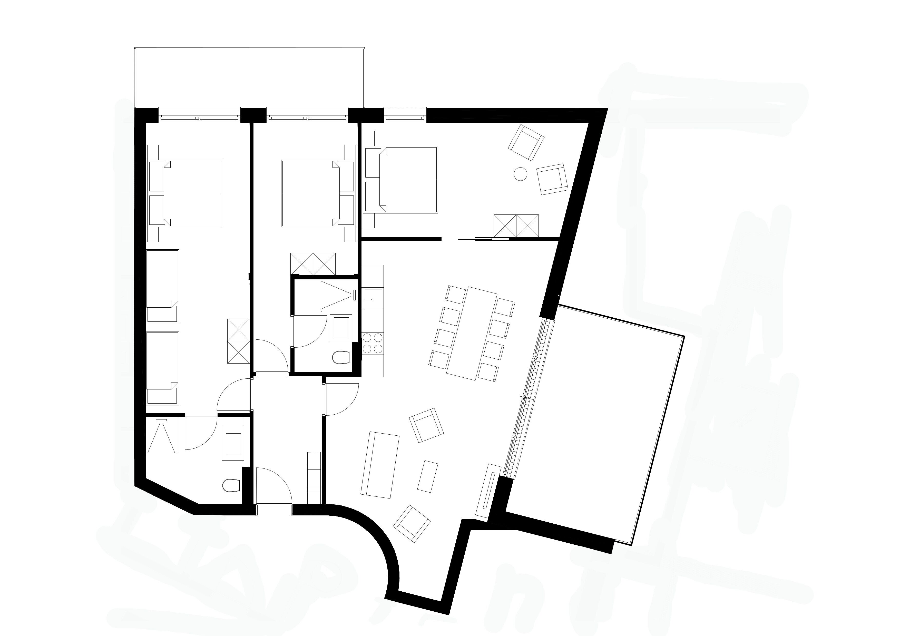 Plànol d'un hotel amb diverses habitacions, una zona de cuina i un espai de dinar.