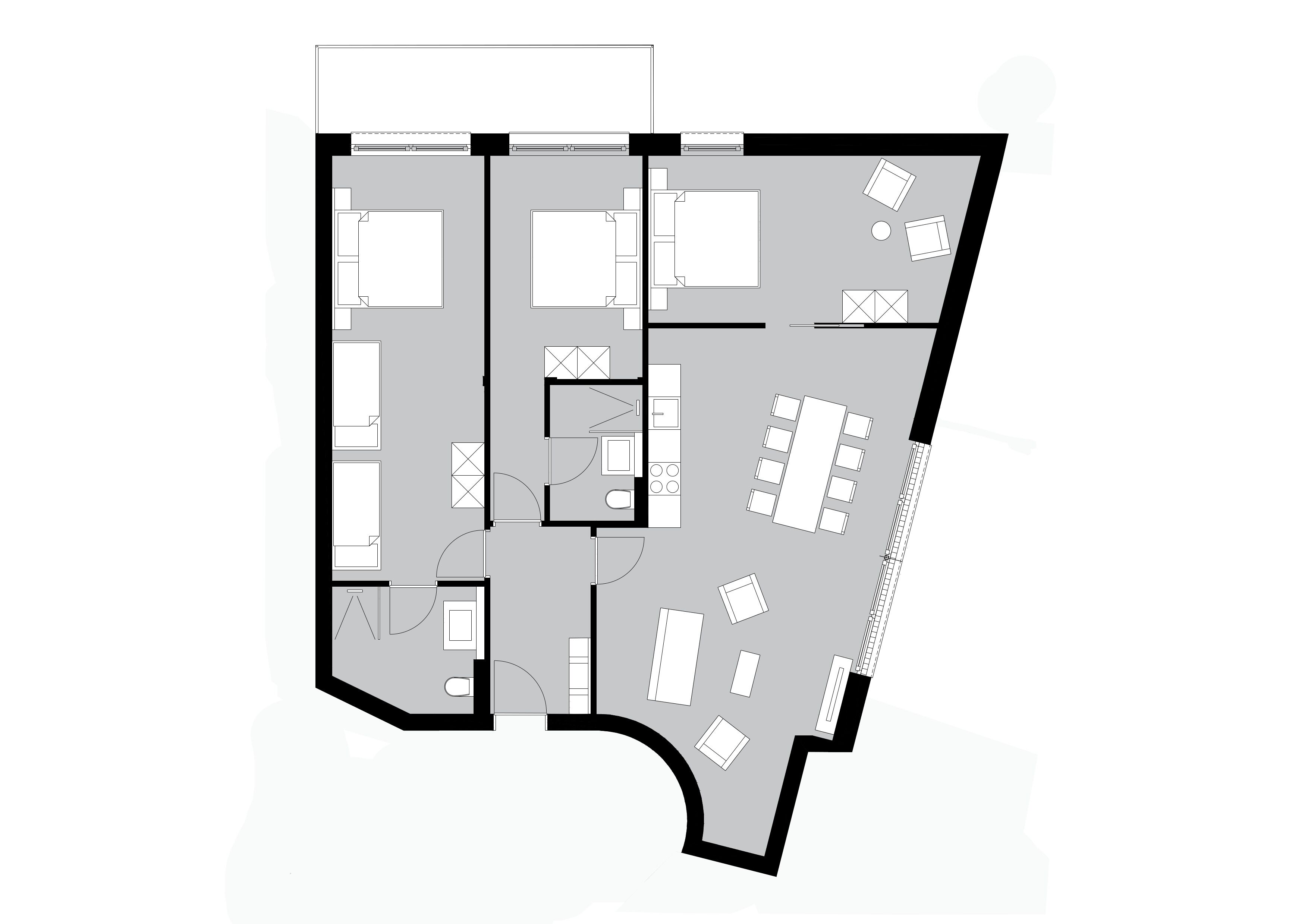 A hotel floor plan with multiple rooms, a dining area, and a kitchen.