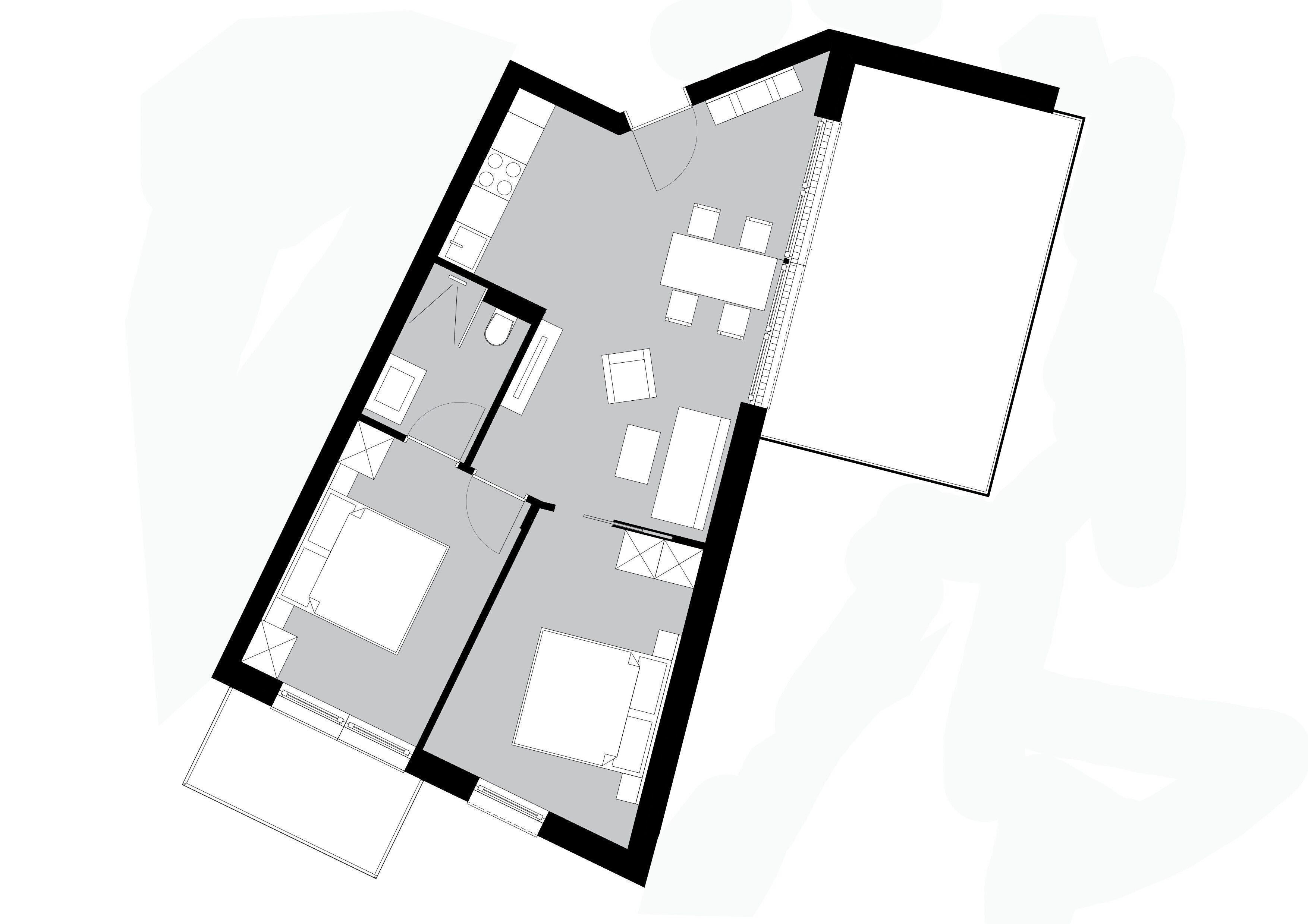 A floor plan of a hotel with multiple rooms, a central hallway, and a dining area.