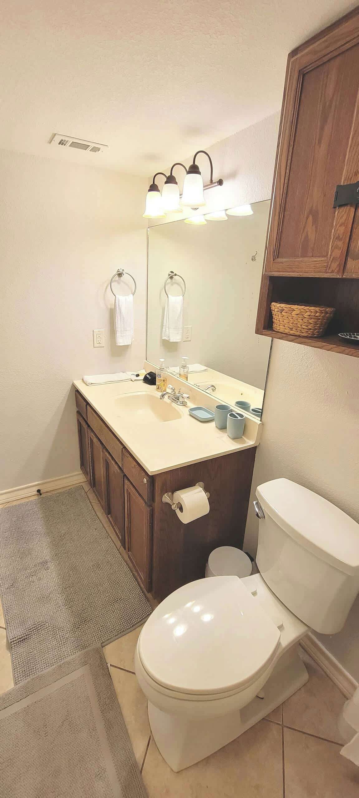 A bathroom with a toilet, sink, and mirror. There are towels hanging on the wall, a basket, and a roll of toilet paper.