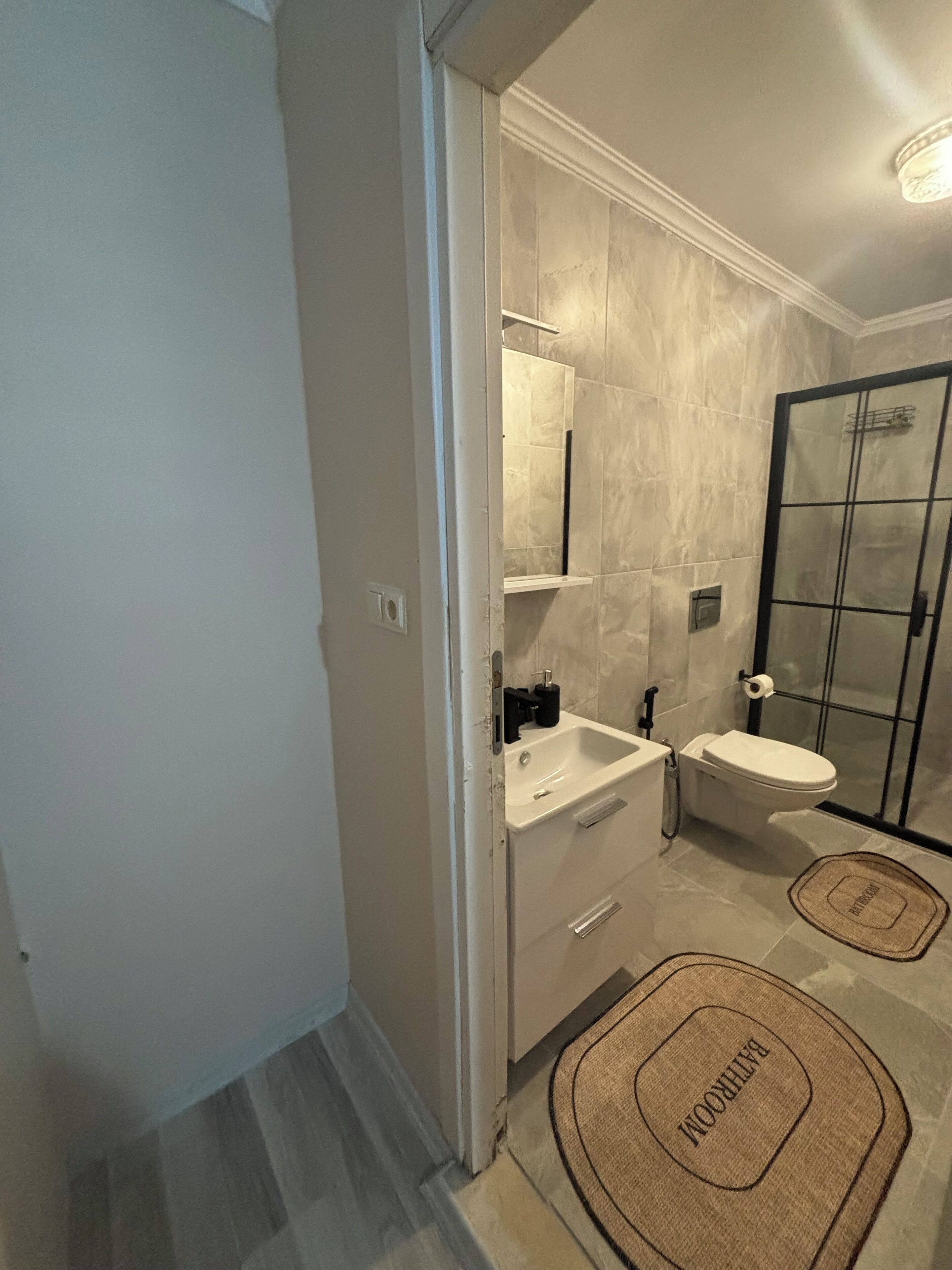 A modern bathroom with a glass shower enclosure, a white sink, and a toilet. There are two bathroom rugs on the floor.