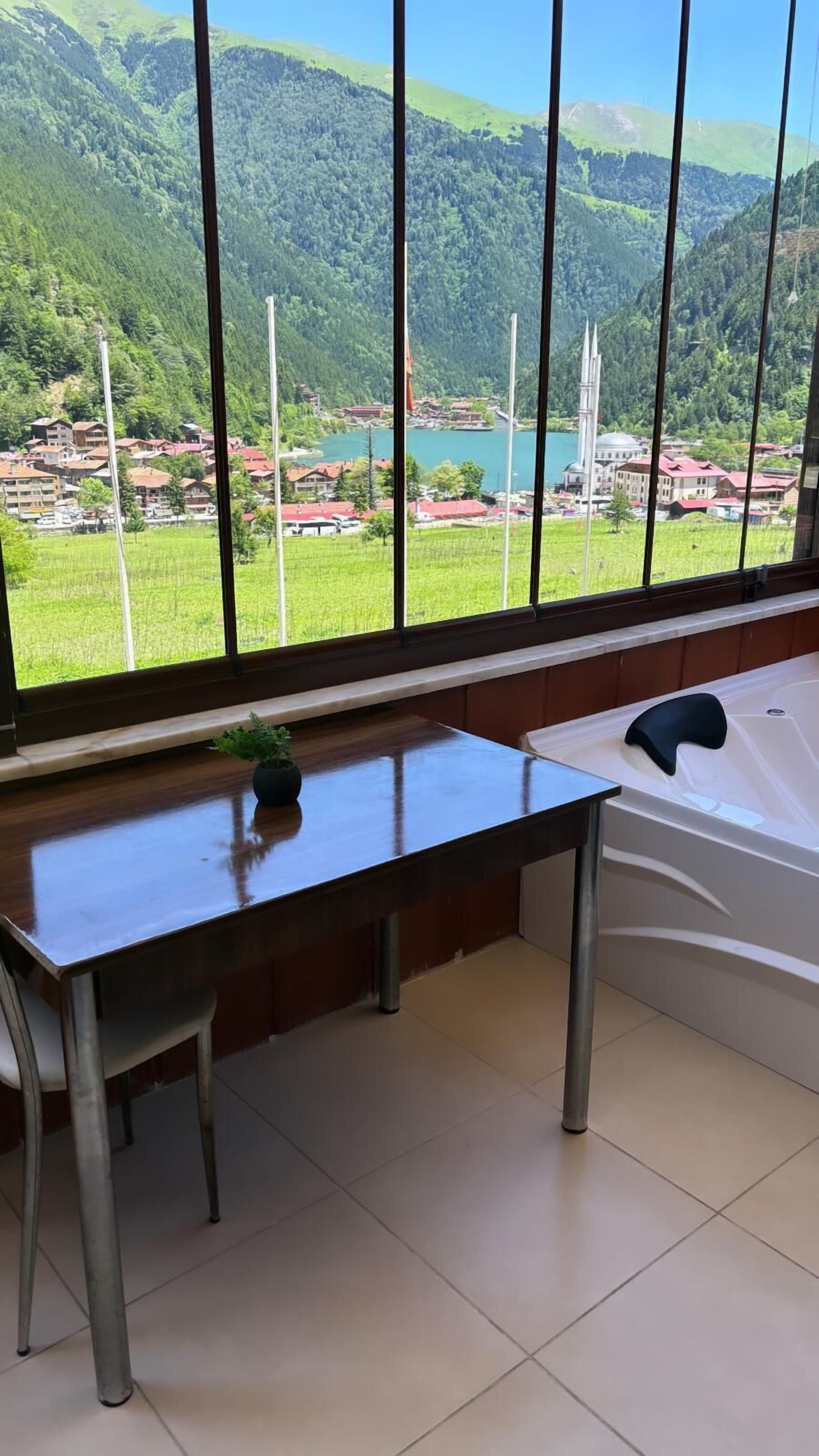 A room with a large window offering a view of a lake and mountains. There is a wooden table with a plant, a chair, and a bathtub.