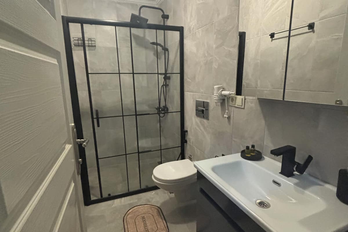 Shower, rainfall showerhead, hair dryer, towels