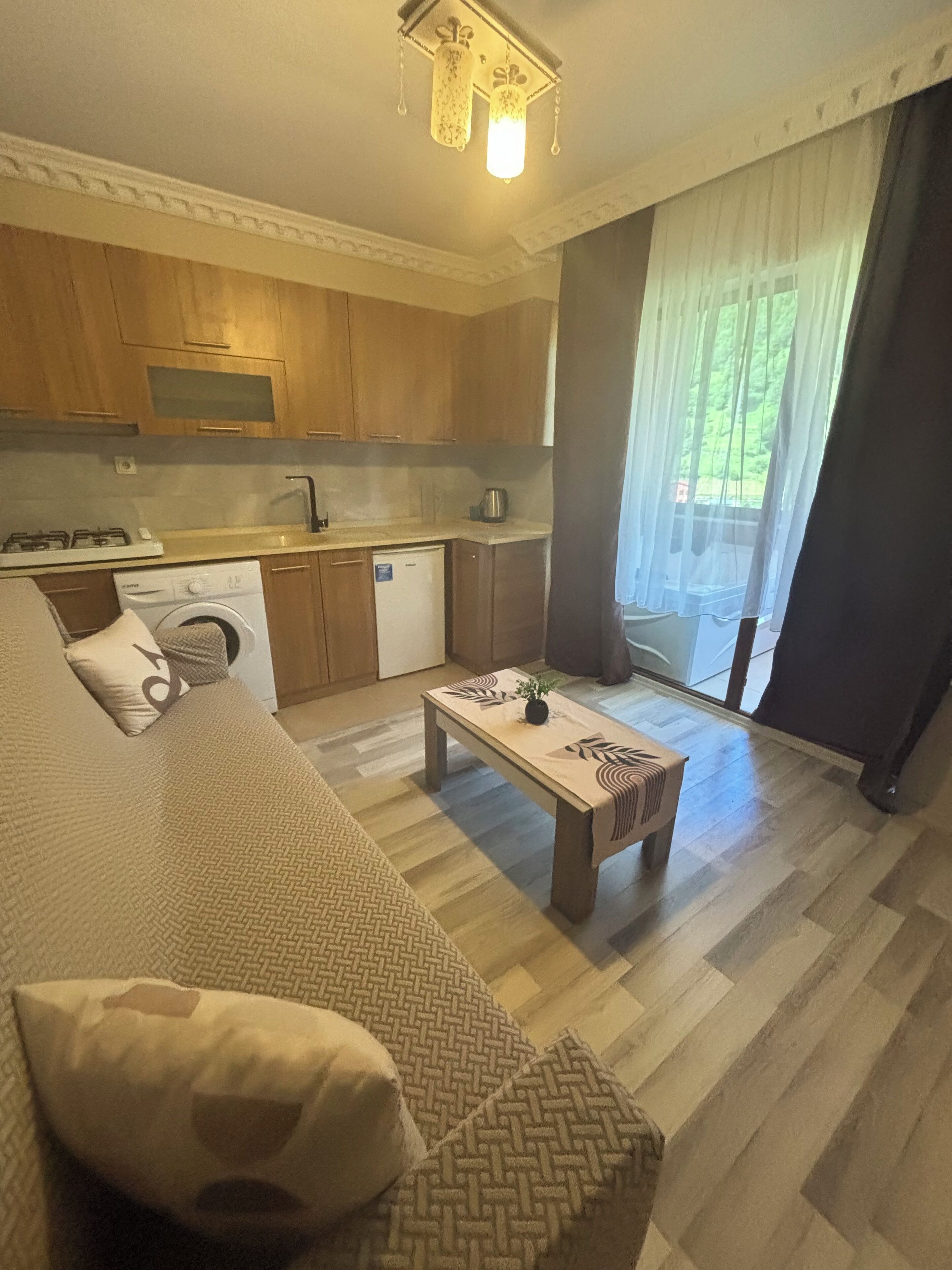 Una sala de estar moderna con un sofá, una mesa de centro y una zona de cocina con armarios de madera y una lavadora.