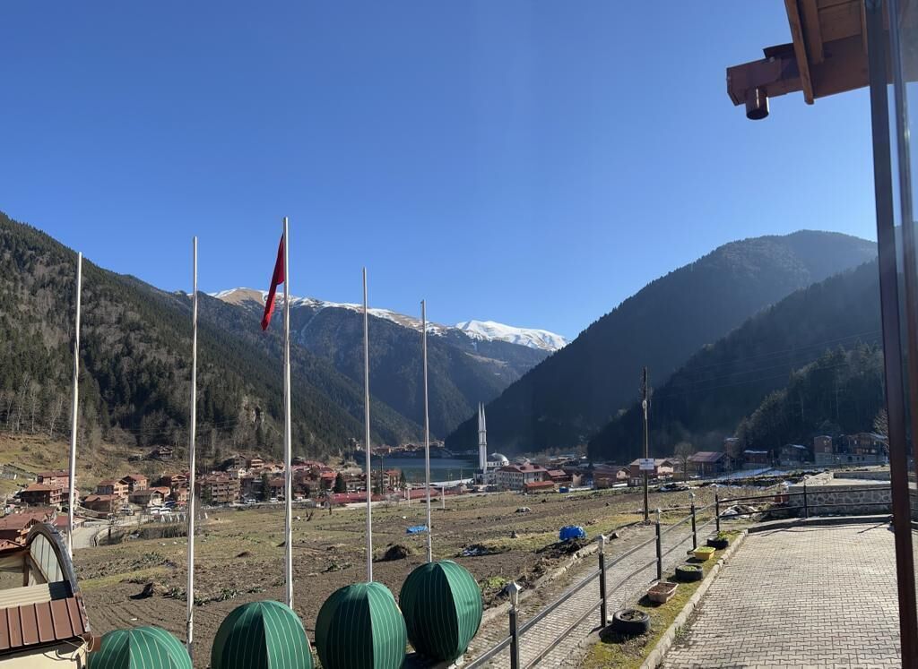 A mountainous landscape with a clear sky, a flagpole with a flag, and a paved area with green spherical objects.