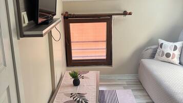 Una habitación moderna con una televisión de pantalla plana montada en la pared, una pequeña mesa con una planta, una ventana con persianas, un sofá con cojines estampados y un tragaluz.