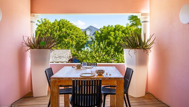 Eine Terrassengruppe im Freien mit Holztisch, gedeckt für ein Essen, umgeben von Stühlen und geschmückt mit großen Kübelpflanzen.
