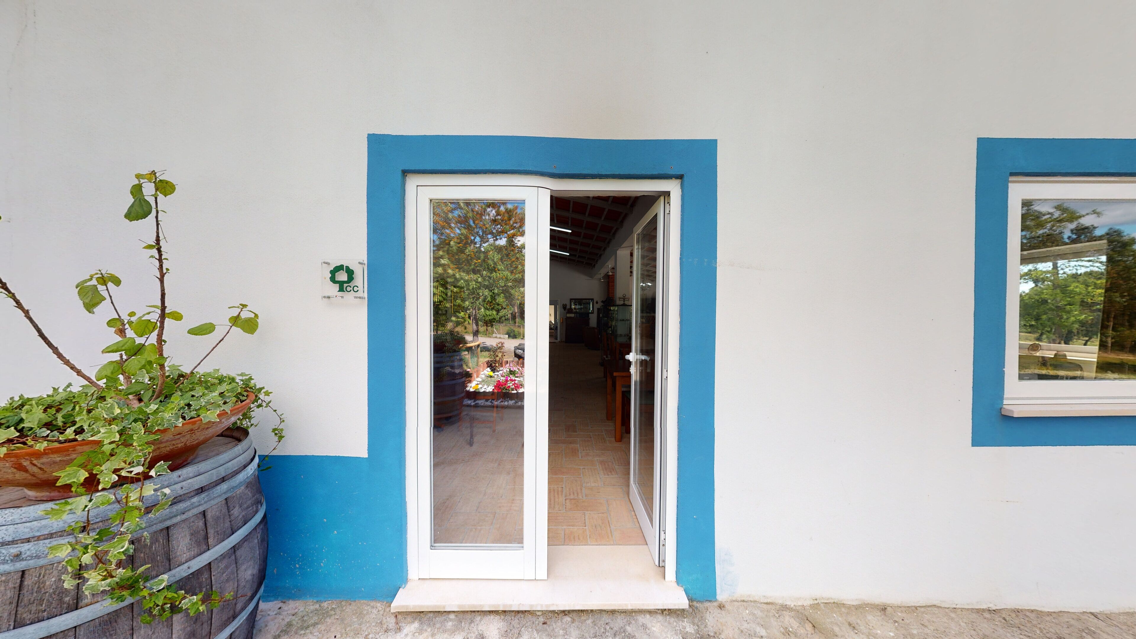 Una entrada de edificio con puerta azul, una planta en maceta y una ventana.