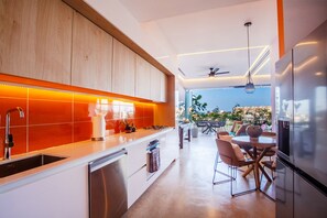 Fridge, microwave, oven, stovetop