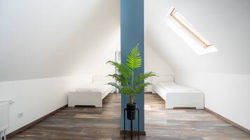 Ein moderner, minimalistischer Raum mit schrägem Dach, einer Topfpflanze und einem weißen Sofa.