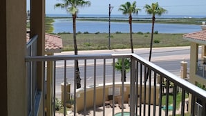Un balcón con vista a una piscina, palmeras y una masa de agua.