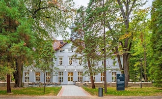 A building with a central entrance, surrounded by trees and outdoor seating.