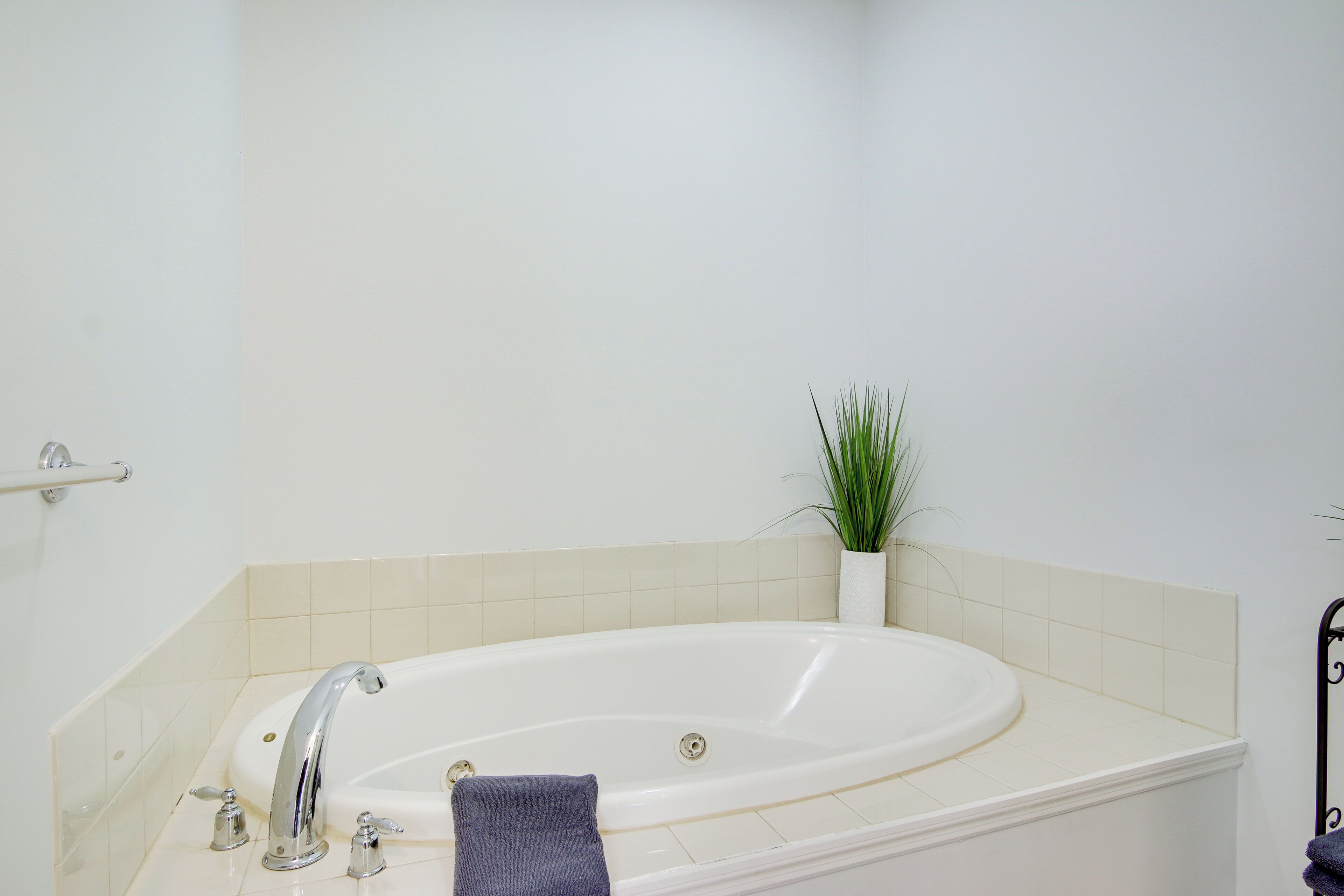 A bathroom with a white bathtub, a towel, and a potted plant.
