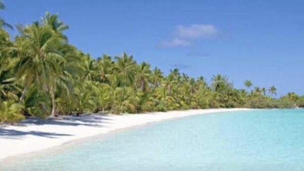 A beach with white sand and clear turquoise water, surrounded by palm trees. - Welcome to Nano’s Home  (La romana)