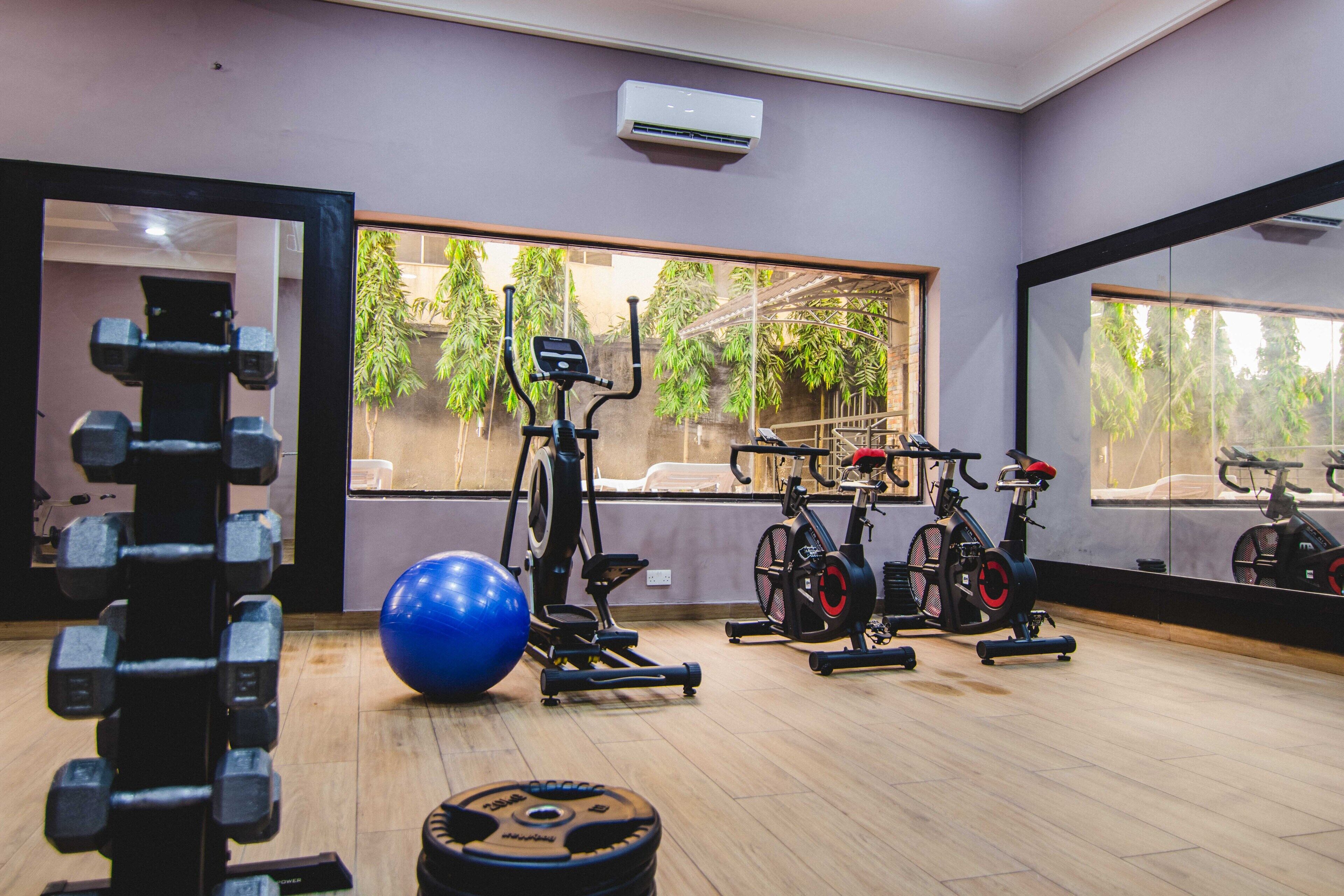 A gym with exercise equipment, a blue exercise ball, and large windows with a view of trees.