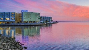 A waterfront hotel with multiple buildings, a visible sign reading "Sofitel", and a calm body of water reflecting the buildings. - TAMPA CONDO (Tampa)