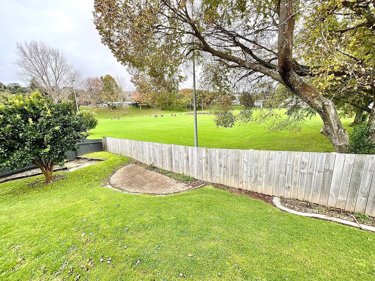 A well-maintained backyard with a wooden fence, a small tree, and a grassy lawn.