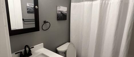 Hair dryer, towels, toilet paper