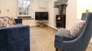 A living room with a fireplace, a television, and a sofa. - Hazelrigg Cottage (Ulverston)