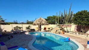 Una piscina con sillas de descanso, una estructura de techo de paja y cactus.