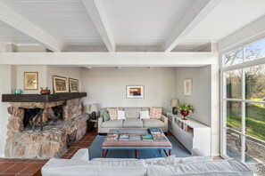 Télévision, cheminée, livres, chaîne hi-fi