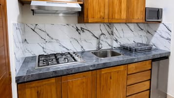 Estudio Confort | Cocina privada | Frigorífico grande, microondas, horno y placa de cocina