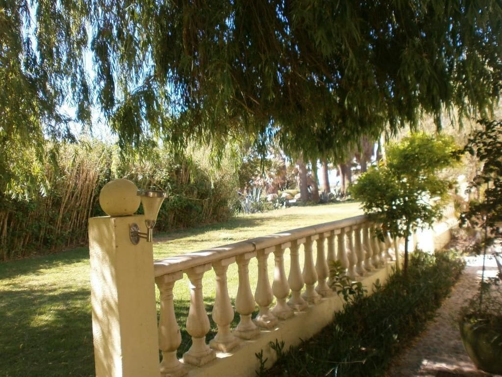 A garden with a yellow fence and a balustrade.