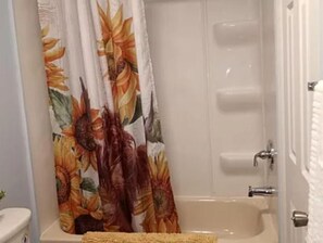 Combined shower/tub, towels, soap, toilet paper