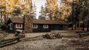 Una cabaña con chimenea de piedra, revestimiento de madera y techo metálico, rodeada de árboles y un camino de grava.