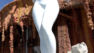 Una estatua blanca de una figura en pose clásica, frente a formaciones rocosas texturizadas.
