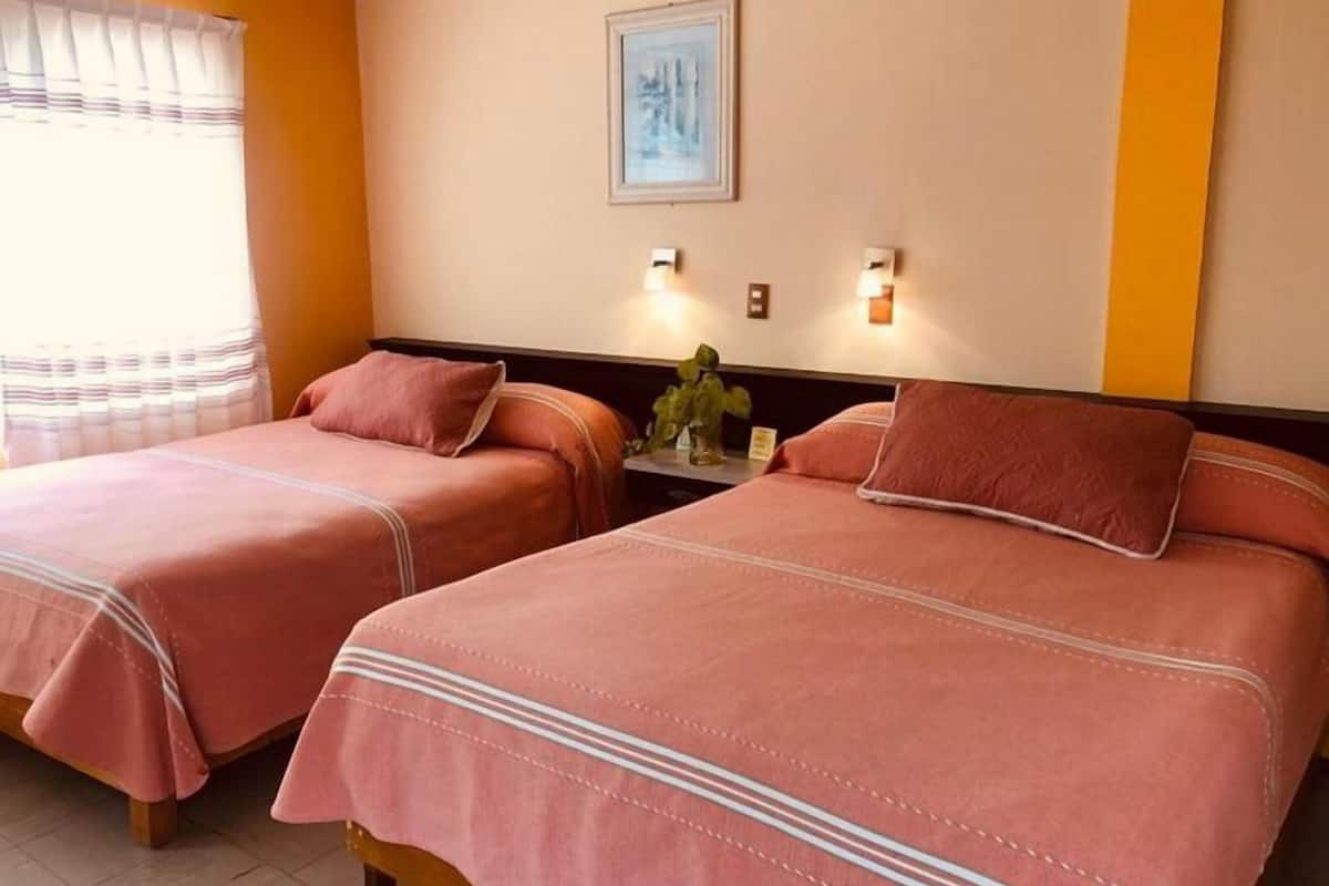 Habitación de hotel con dos camas, cada una con ropa de cama y almohadas rosadas, una mesita de noche con un jarrón de flores y un cuadro en la pared.
