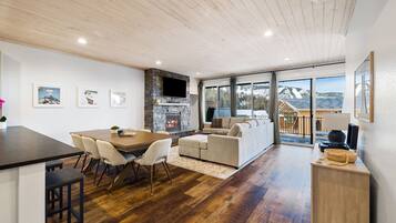 Smart TV, chimenea y biblioteca musical