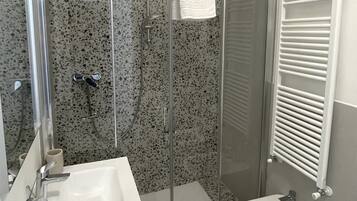 Shower, hair dryer, bidet, towels