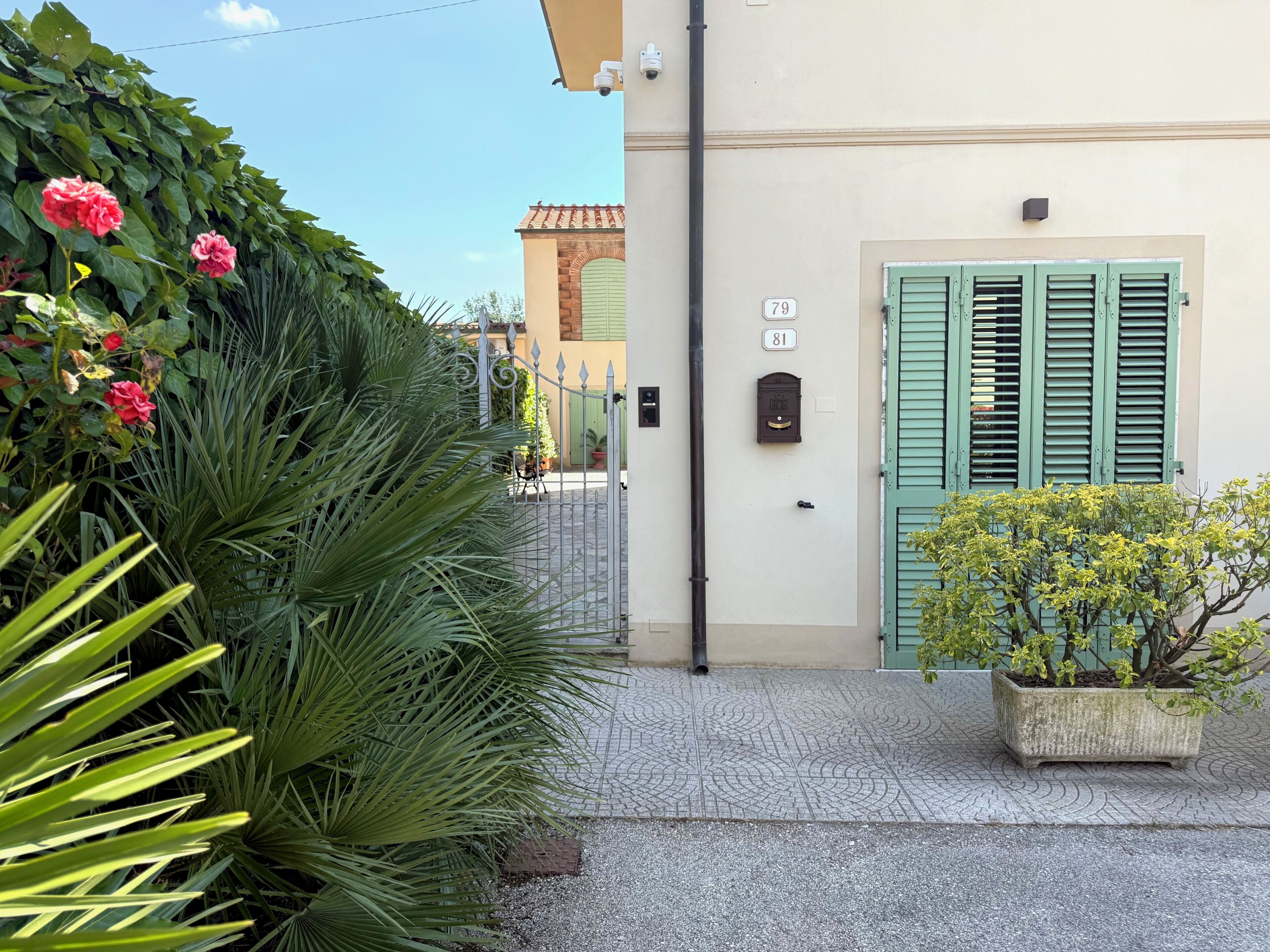 A street with a building featuring a green door, a mailbox, and a number plaque.