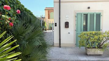 Uma rua com um edifício que tem uma porta verde, uma caixa de correio e uma placa de número.