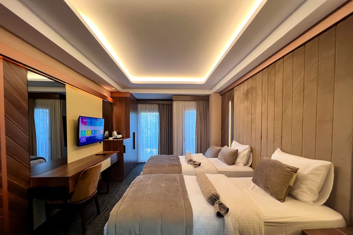 A hotel room with a large bed, a desk, a television, and a view of the outdoors.