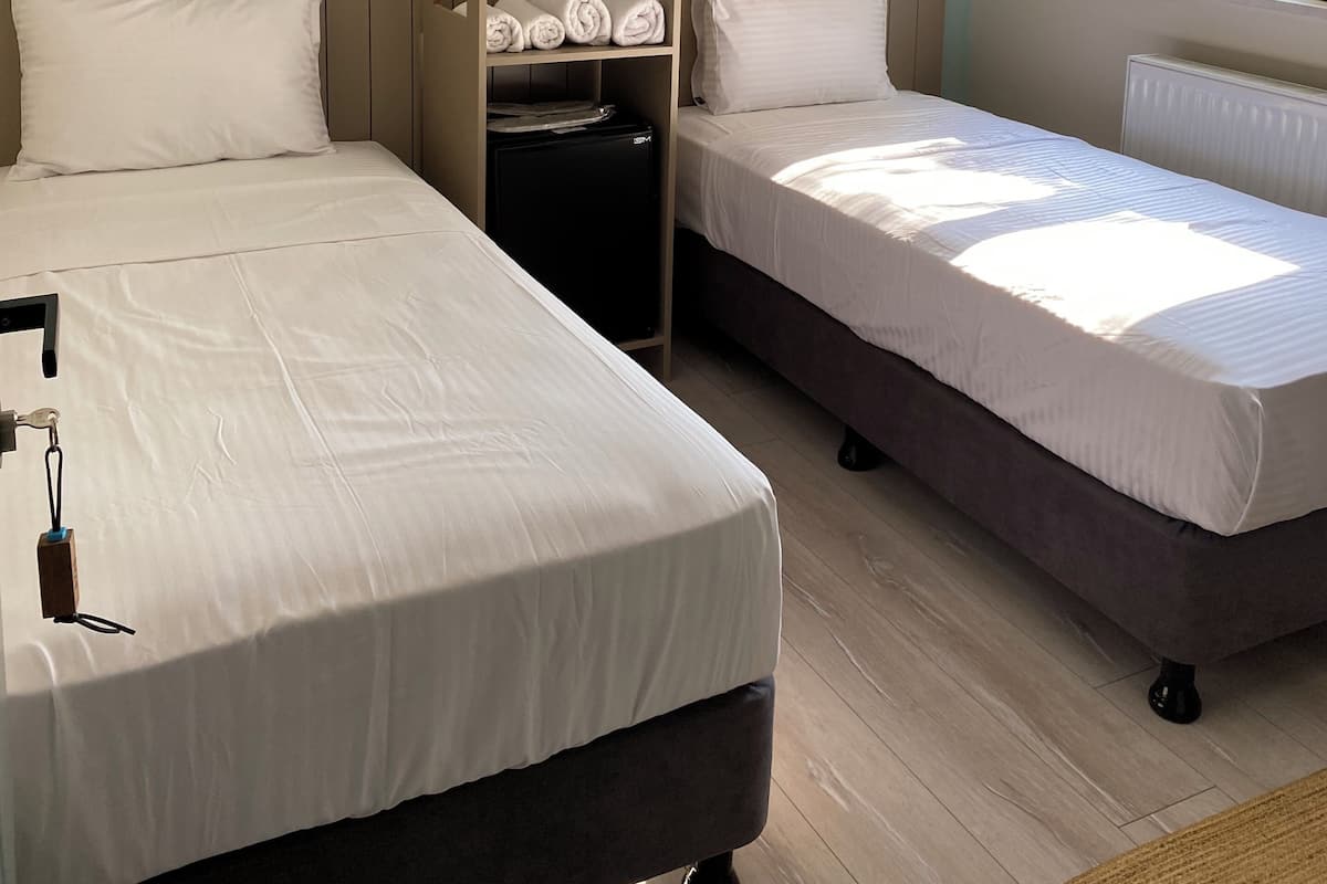 A hotel room with two beds, a wardrobe, a radiator, and a window with a view.