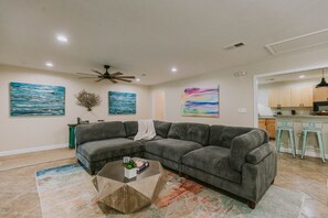Smart TV, fireplace, books